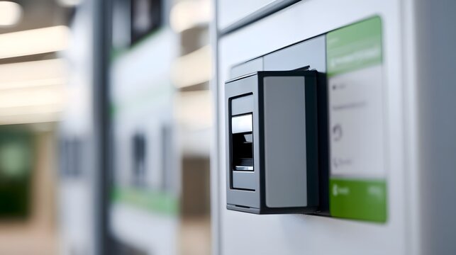 A close up of a modern digital card reader mounted on a wall with a green informational panel beside it