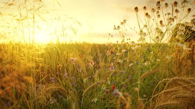 The camera moves up over a wheat field with wildflowers and poppies.