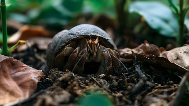 A hermit crab peeks out from its shell amidst fallen leaves and soil on a forest floor under soft natural light
