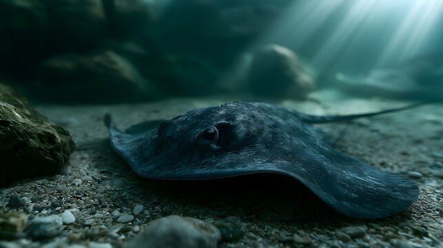 A dark stingray rests on a pebbled ocean floor as beams of sunlight pierce through the water above