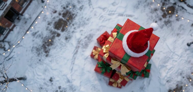 Top-down view of a stack of brightly wrapped Christmas gifts topped with Santas hat, set against a snowy outdoor plaza scene.
