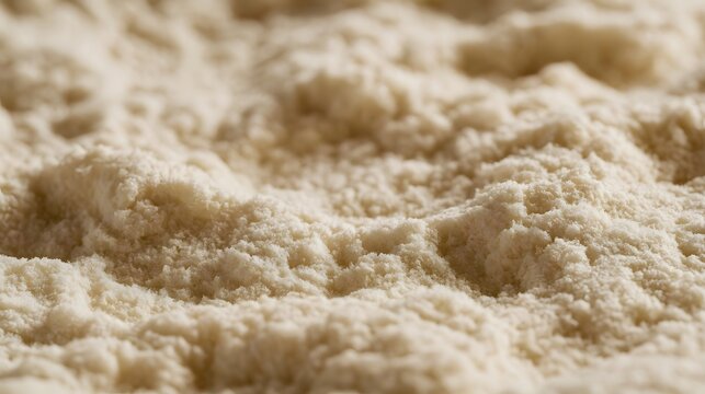 Close up of textured pale granular material with soft lighting highlighting uneven surface contours and fine particles