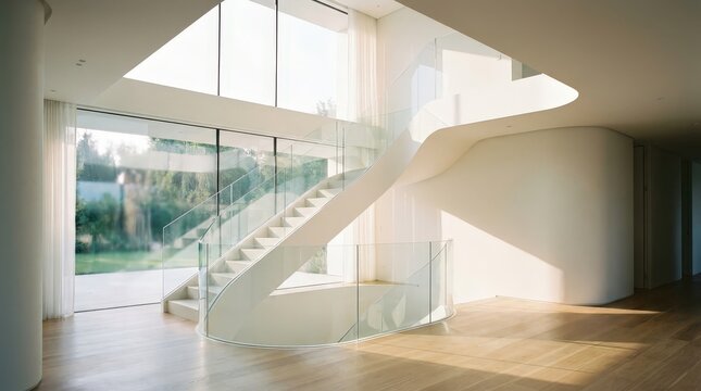 A modern white curved staircase leads upstairs in a bright and spacious contemporary home interior.
