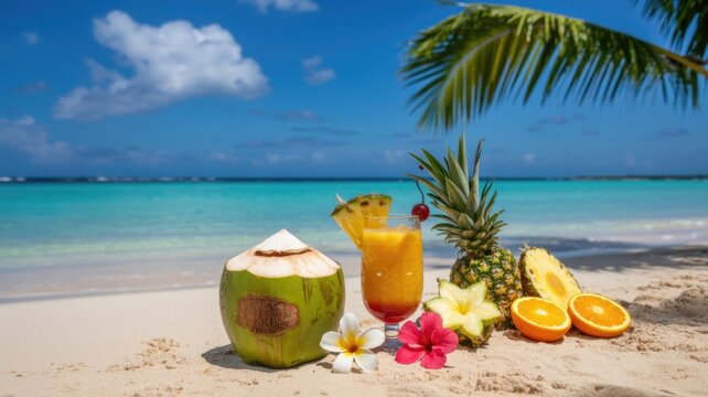Tropical cocktail drink served in a glass with fresh pineapple coconut and citrus fruit on a sunny sandy beach background