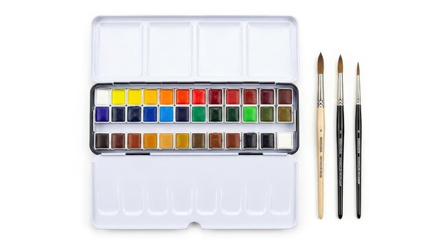 A professional metal watercolor paint set with assorted brushes arranged on a clean white.