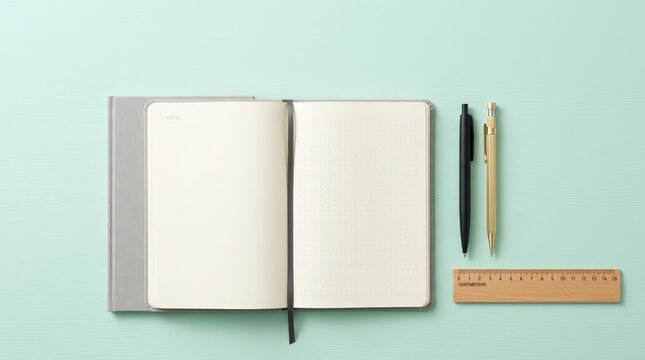 A professional stationery set including a notebook, pens, and a ruler sits on a light green desk.