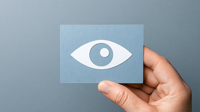 A hand holds a paper cutout of an eye on a gray background. Represents observation, vision, and focus for business.