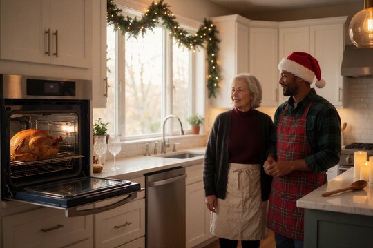 Preparing Christmas dinner in a bright modern kitchen, a grandmother and son chat beside a roasting turkey in the oven.