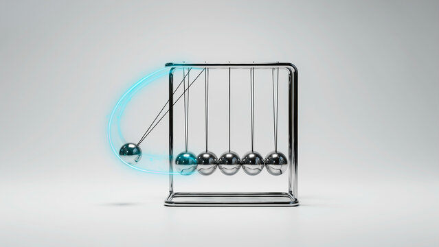 : A Newton's cradle with swinging metal spheres and a glowing blue motion trail illustrates energy, momentum, and physics principles.
