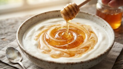 Fototapeta premium Honey drizzling into yogurt bowl on wooden table