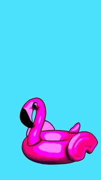 Seamless funny vertical video of sketch flamingo inflatable ring isolated with copy space.Zine culture comic video loop. summer cartoon concept backdrop.