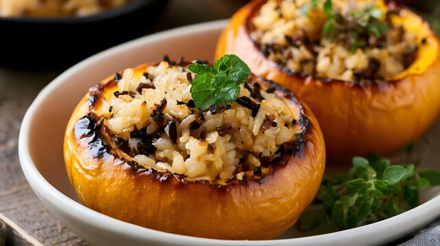 Two baked pumpkin halves filled with rice and herbs  garnished with fresh mint  presented on a ceramic plate