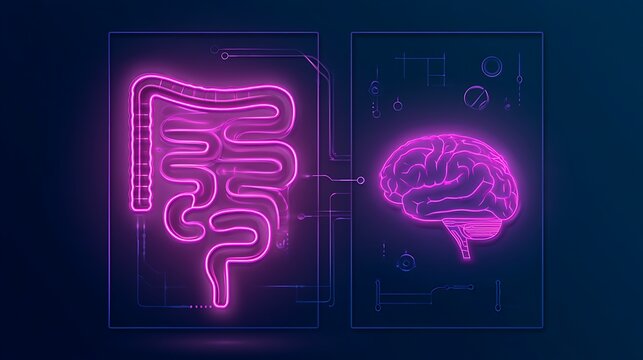 Neon human gut and brain connected by data lines. Concept representing the gut-brain axis and neurological health.