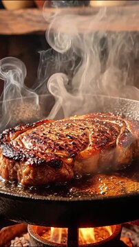 Juicy beef steak sizzling in hot cast iron skillet over fire meat grilling cooking smoke protein