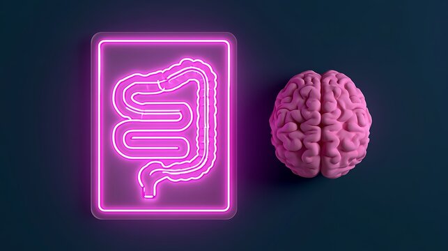 Neon gut health sign next to a human brain model. Represents the enteric nervous system and gut-brain axis connection.
