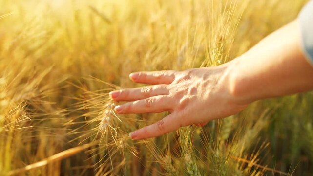 Female hand touches ripe ears of wheat at sunset. Slow motion