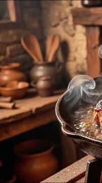 Cooking a sizzling steak in a cast iron skillet in a rustic kitchen meat smoke grilling food pan