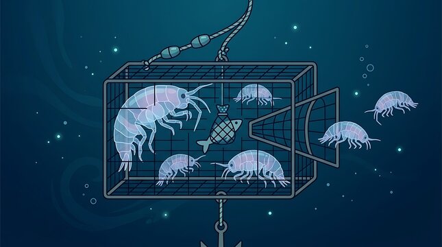 Fishing trap with crustaceans in deep ocean