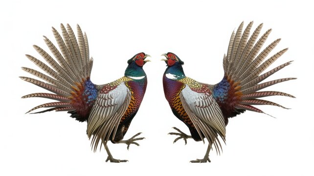 Two male pheasants displaying vibrant colorful feathers standing in a dynamic mating dance posture against a clean white background