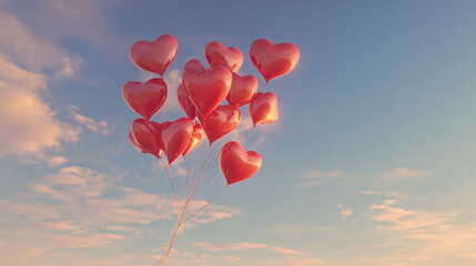 Fototapeta premium Bundle of shiny red heart balloons tied together floating at sunset sky