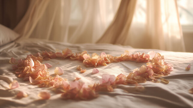 Delicate rose petals shaped into a heart arrangement on soft white bed sheet
