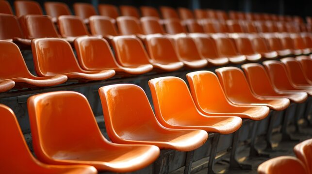 Bright orange plastic seats arranged in neat rows at an outdoor stadium create a vibrant and inviting atmosphere for spectators