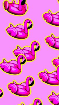 Seamless funny vertical video of sketch flamingo inflatable rings on a pink background.Zine culture comic video loop. summer cartoon concept backdrop.