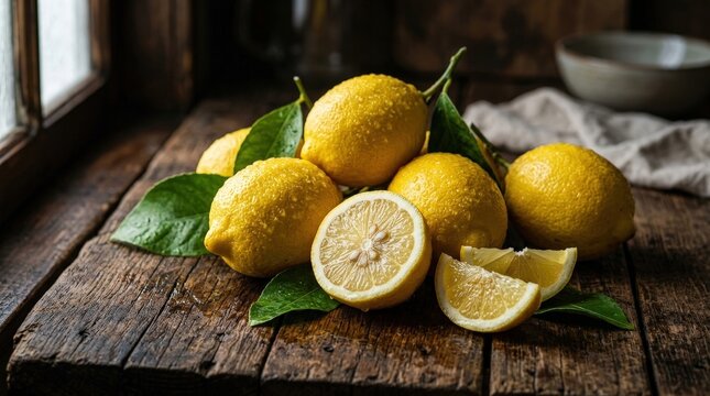 A rustic collection of whole and sliced lemons with green leaves on a dark wooden table surface.