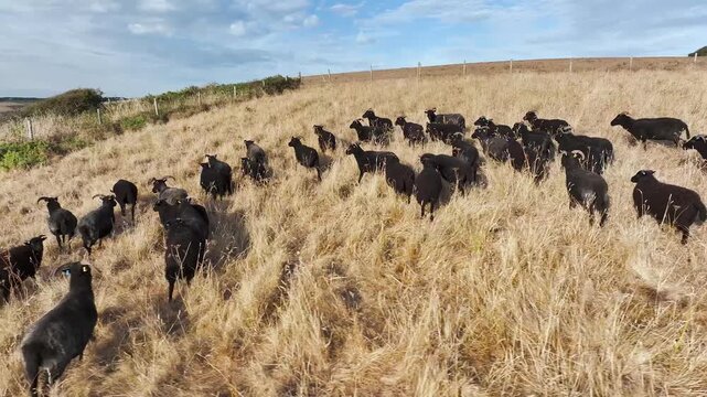 Black Sheep on farm over Devon cliffs from a drone, North Devon and Cornwall Coastpath Border, Devon, England