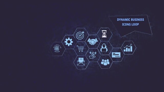 Dynamic business infographic hexagon network animation featuring digital marketing and corporate strategy symbols for financial presentations and modern data visualization projects
