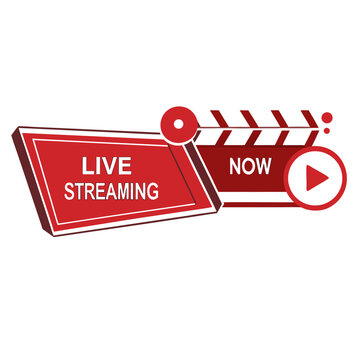 A vibrant red live streaming now graphic with a play button and clapperboard elements, isolated on a white background, signifying realtime video content