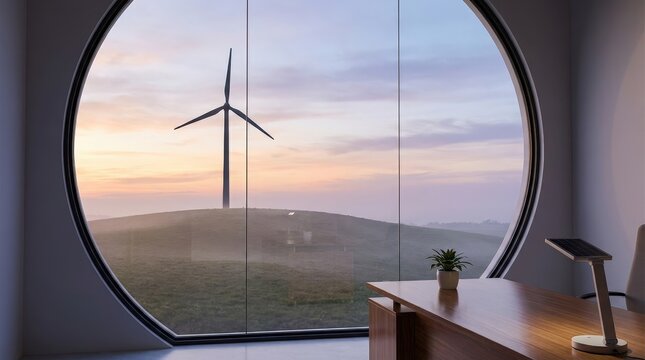 A serene view of a wind turbine on a grassy hill at sunset seen through a circular office window.