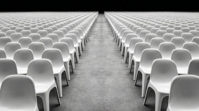 Stunning perspective of a vast arrangement of empty white chairs in a modern event space with a dramatic black background