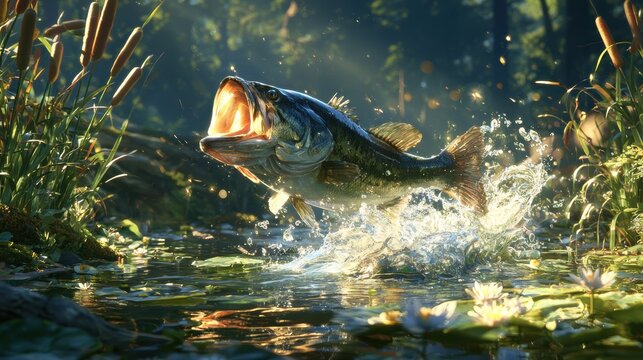 Largemouth bass leaping out of water with big splash among lily pads, wildlife fishing scene