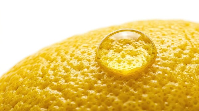 A single crystal clear water droplet rests perfectly on the textured surface of a bright lemon peel.