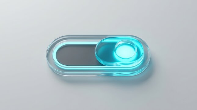A sleek futuristic UI toggle switch button with glowing cyan light on a clean white background.