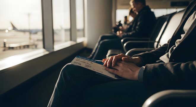 Calm Traveler Relaxing in Modern Airport Waiting Area with Natural Window Light Before Flight Departure