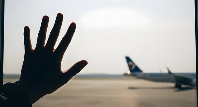 Close-up of Silhouetted Hand Against Airport Window with Airplane Outside, Representing Travel, Farewell, and Journey