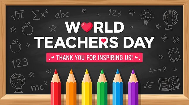 World teachers day greeting card featuring colorful pencils and a chalkboard background with math equations and text