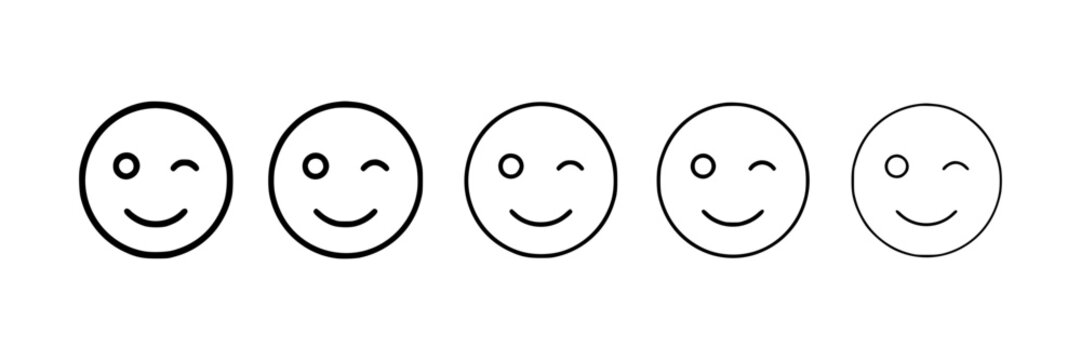 Five identical oval shaped faces with winking eyes and smiling mouths arranged in a row on white