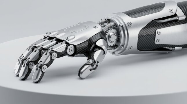 A sleek, high-performance robotic arm with carbon fiber textures resting on a clean white surface.