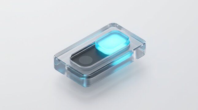 A sleek, modern glass toggle switch UI element featuring a glowing cyan indicator on white.