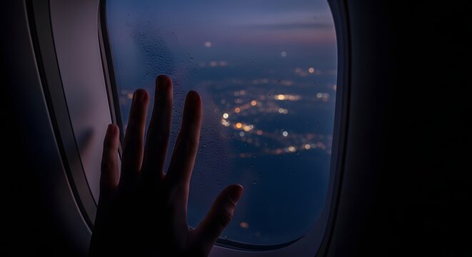 Contemplative Hand Touching Airplane Window Glass with Blurred City Lights Below During a Night Flight Journey