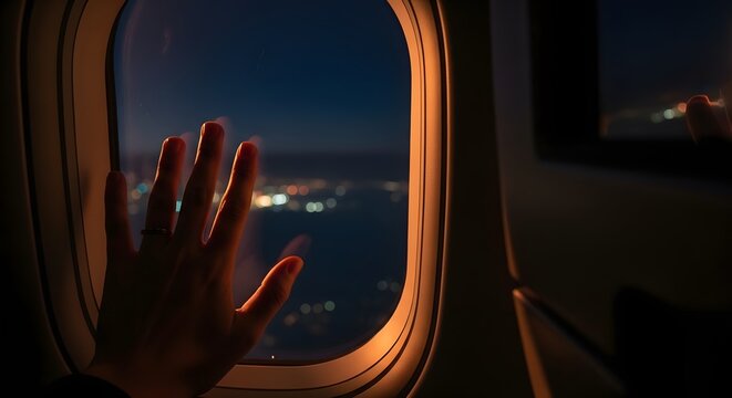 Traveler's Hand Gently Touching Airplane Window During Night Flight with Glowing City Lights Below for Journey and Adventure Concepts