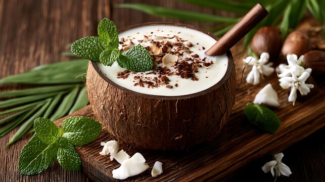 Rustic wooden bowl with mixed nuts, fresh mint, and white flowers on wooden table