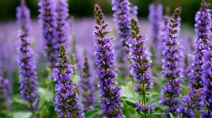 Obraz premium Tall spikes of purple flowers bloom densely in a lush green field under natural daylight with soft background blur