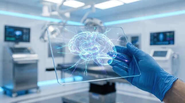 A surgeon wearing blue gloves holds a glowing holographic human brain model in a modern hospital.