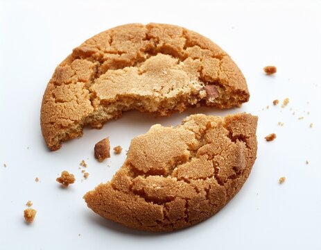 close up of an half eaten cookie with crumb against a white background