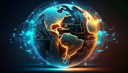 Fototapeta premium globe interconnected with glowing networks circuit boards global technology and digital networks earth tellurion neon highlights futuristic and sleek design