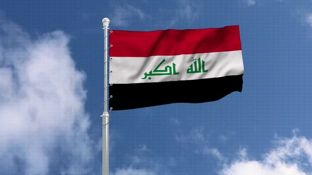 Iraqi flag waving on silver pole against bright blue sky with white clouds during daytime outdoors.